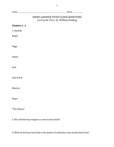 Short Answer Study Guide Questions Lord Of The Flies Kindle Editon