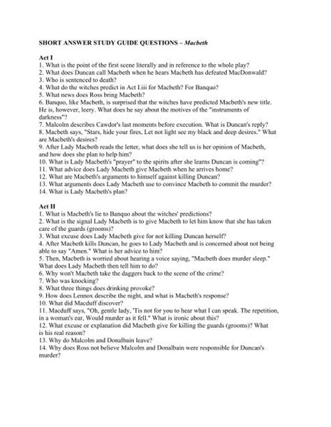 Short Answer Study Guide Questions Macbeth Doc