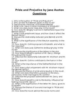 Short Answer Study Guide Questions Pride And Prejudice Reader