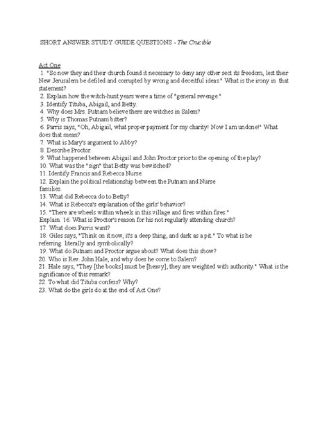 Short Answer Study Guide Questions The Crucible Doc