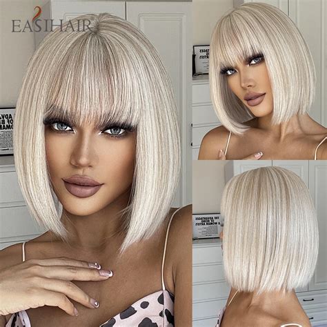 Short Cut Wigs Straight Synthetic Blonde Wigs With Bangs Bob Wigs