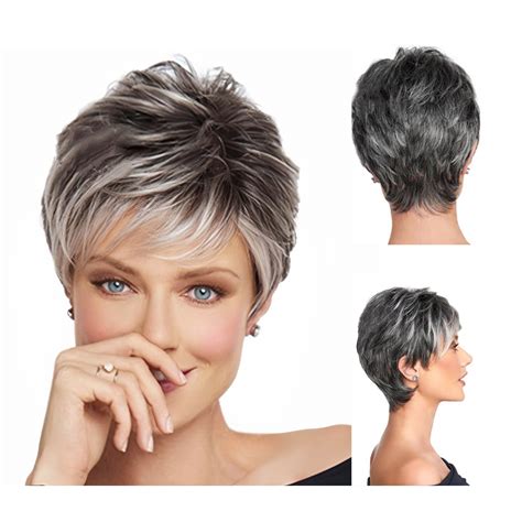 Short Grey Wigs For Women Wavy Without Bangs 8" Synthetic Wigs