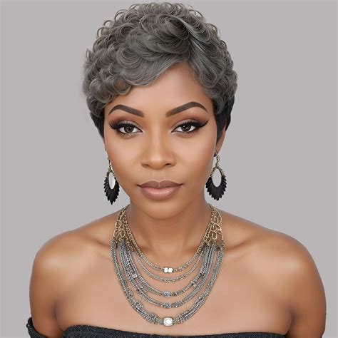 Short Human Hair Curly Wigs Grey 6" Wigs