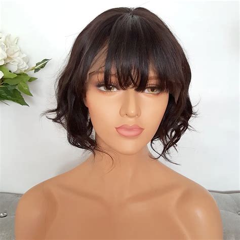 Short Human Hair Wigs For Women Monofilament 4" With Bangs Wigs