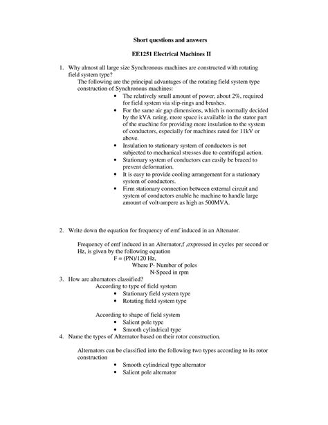 Short Questions And Answers Ee1251 Electrical Machines Ii 2 Reader