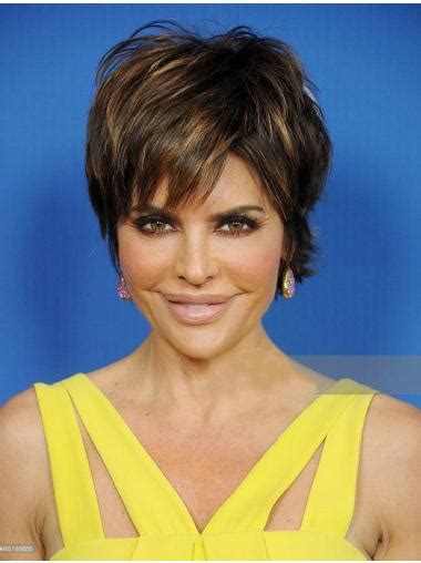 Short Straight Brown With Highlights Synthetic Boycuts Lisa Rinna Wigs