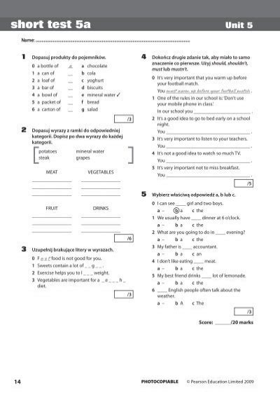 Short Test 5a Unit 5 Answer Key PDF