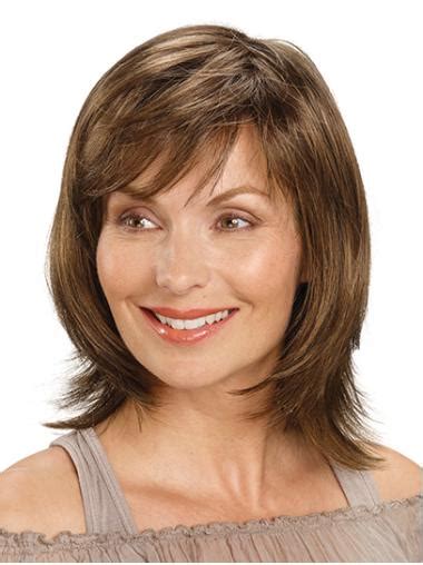 Shoulder Length Monofilament Brown Straight 14" Synthetic Medium Length Wigs For Women