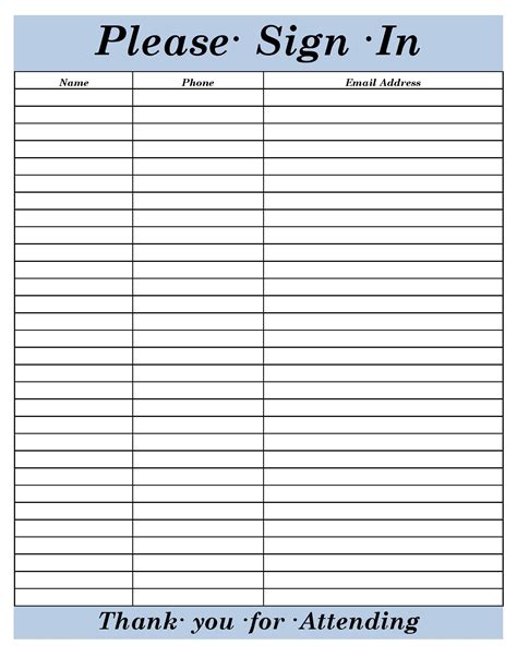Sign In Sheet Template Editable