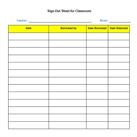 Sign Out Sheet Template Word