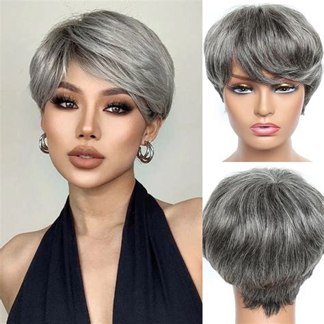 Silver Grey Human Hair Wigs Short Grey 8" Monofilament Wigs