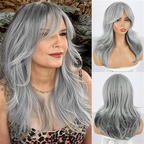 Silver Grey Wig Long 16" Without Bangs Wavy Synthetic Wigs