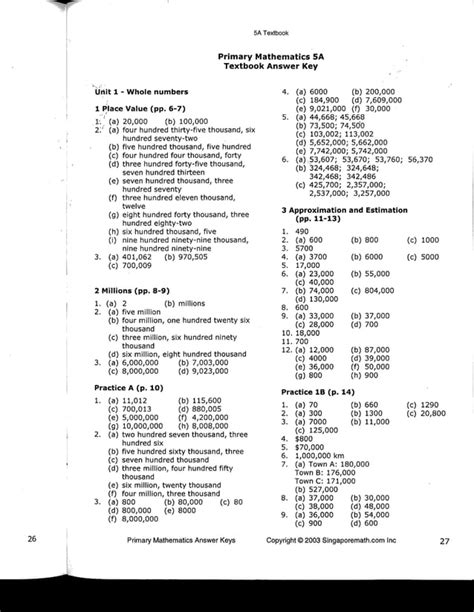 Singapore Math Workbook 5a Answer Key PDF