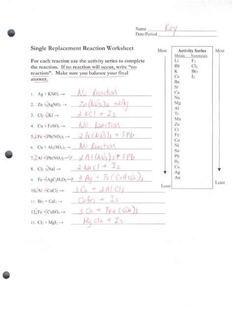 Single Replacement Reactions Worksheet Answers Reader
