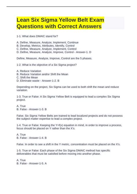 Six Sigma Yellow Belt Test Questions Answers Kindle Editon