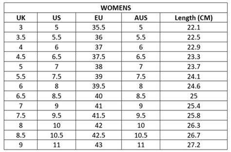 Size Chart Clarks Women