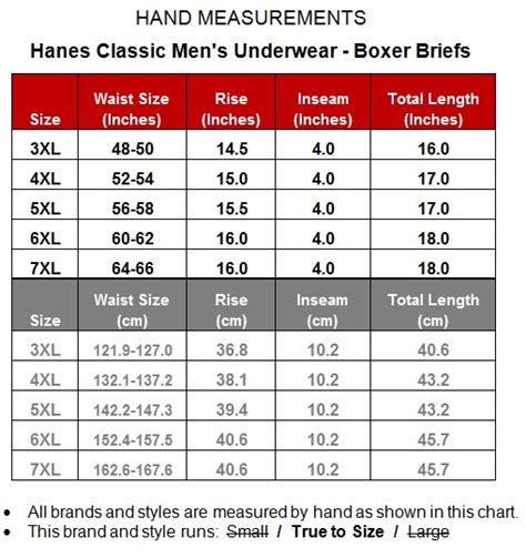 Size Chart For Hanes Boxer Briefs