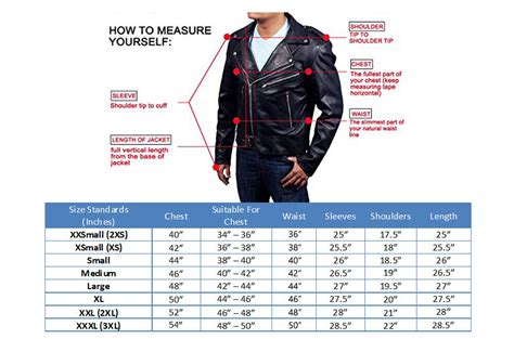 Size Chart For Men's Leather Jackets
