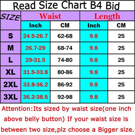 Size Chart For Waist