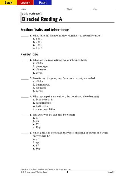 Skills Directed Section Mendel Theory Answers Reader