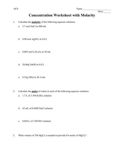 Skills Worksheet Problem Solving Concentration Of Solutions PDF