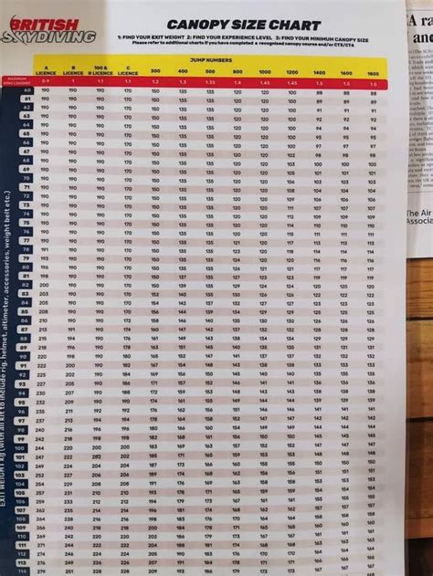 Skydiving Downsizing Chart