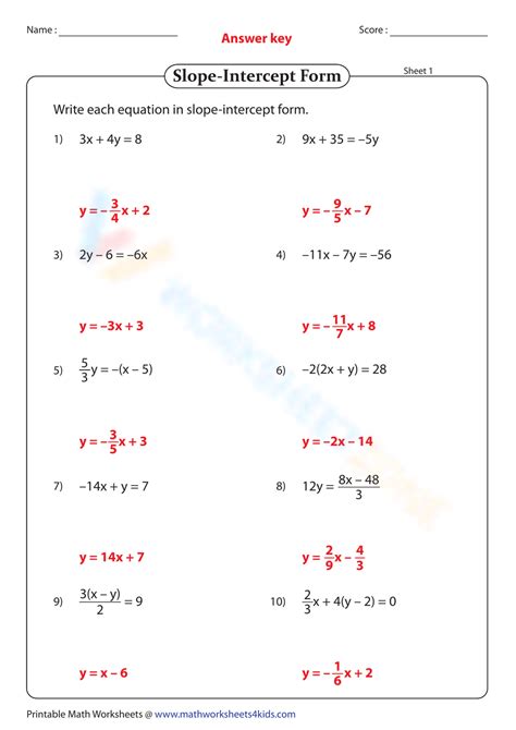 Slope Intercept Worksheets With Answers PDF