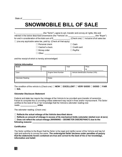Snowmobile Bill Of Sale Template