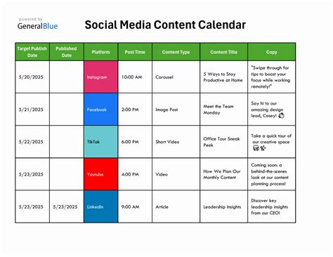 Social Media Content Calendar Excel Template Free
