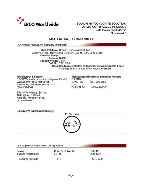 Sodium Hypochlorite Solution Whmis Controlled Product Date Doc