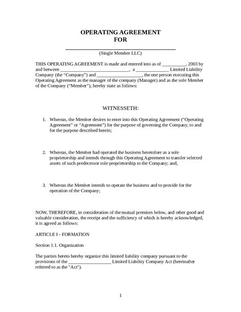 Sole Proprietor Operating Agreement Template