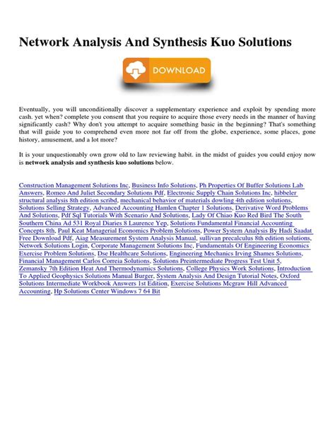 Solution For Network Analysis And Synthesis Kuo Kindle Editon