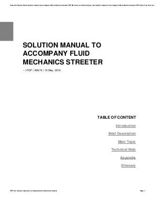 Solution Manual To Accompany Fluid Mechanics Streeter Reader