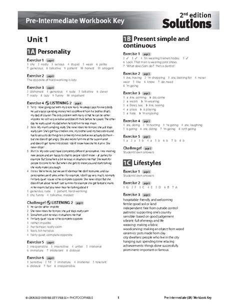 Solution Pre Intermediate Workbook Answer Key PDF