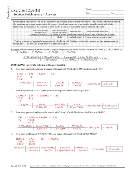 Solution Stoichiometry Worksheet With Answers Doc