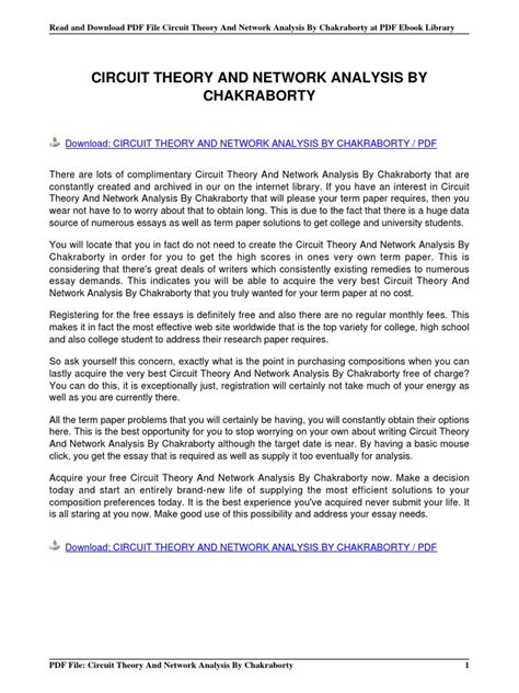 Solutions For Circuit Theory And Network Analysis By Chakraborty Reader