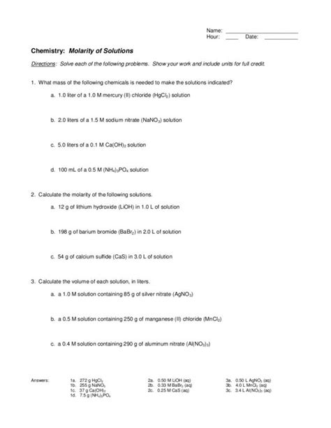 Solutions Worksheet 1 Molarity Doc