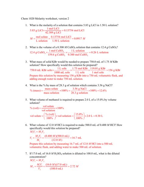 Solutions Worksheet 1 Molarity Answer Key Epub