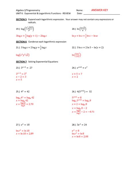 Solving Exponential And Logarithmic Functions Worksheet Answers Doc