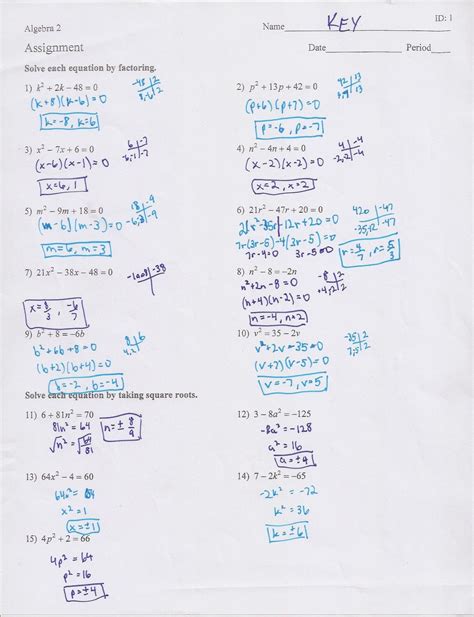 Solving Quadratic Equations Answer Key Algebra 1 Epub