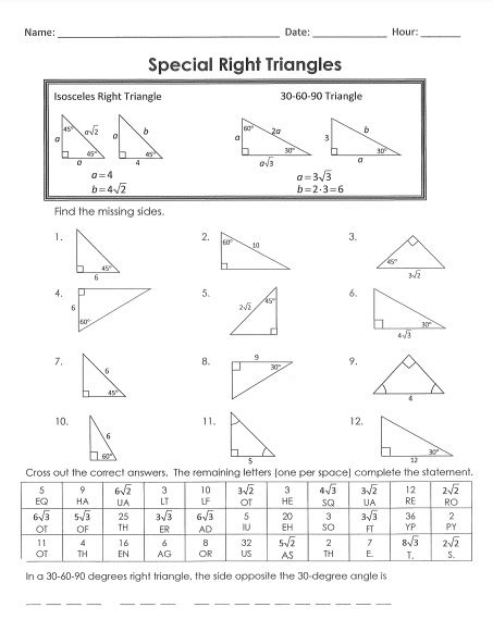 Special Right Triangles Worksheet With Answers PDF