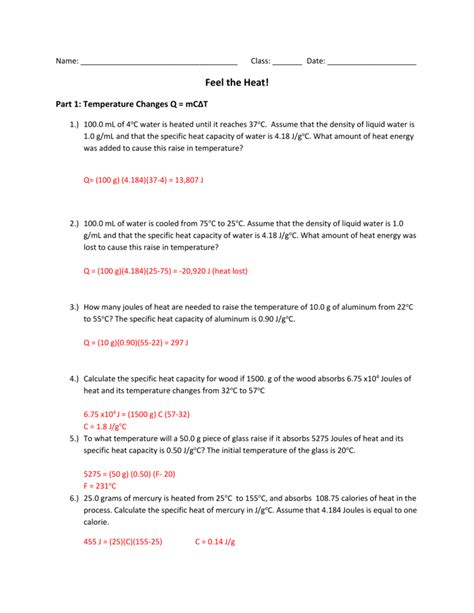 Specific Heat Calculations Chemistry Answer Key Doc