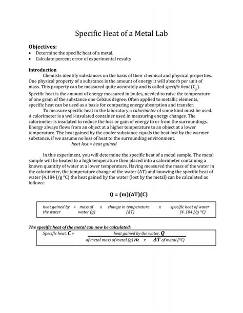 Specific Heat Of Metal Lab Answers Epub