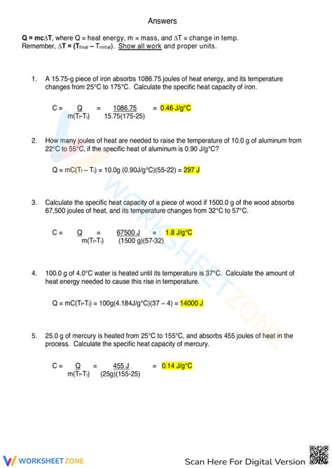 Specific Heat Problems Physical Science Answer Sheet Epub