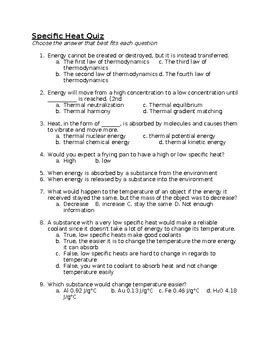 Specific Heat Quiz Answer Sheet PDF