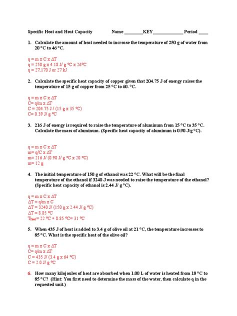 Specific Heat Worksheet With Answers Doc