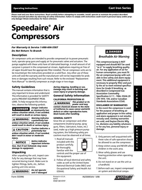 Speedaire Air Compressor Model 5f225 Owners Manual Ebook Kindle Editon