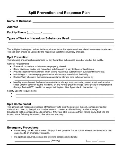 Spill Prevention And Response Plan Template