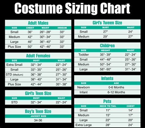 Spirit Costume Size Chart