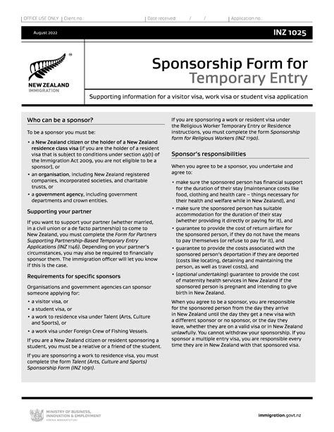 Sponsorship Form For Temporary Entry (inz 1025) PDF Doc